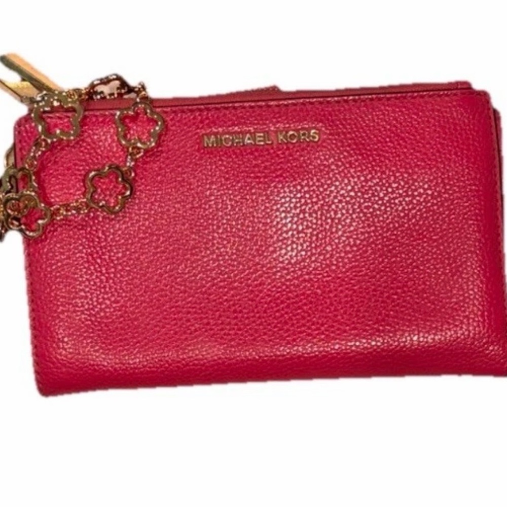 Michael Kors Leather Jet Set Double Zip Bifold Wallet Wristlet Bright Pink - Picture 4 of 16